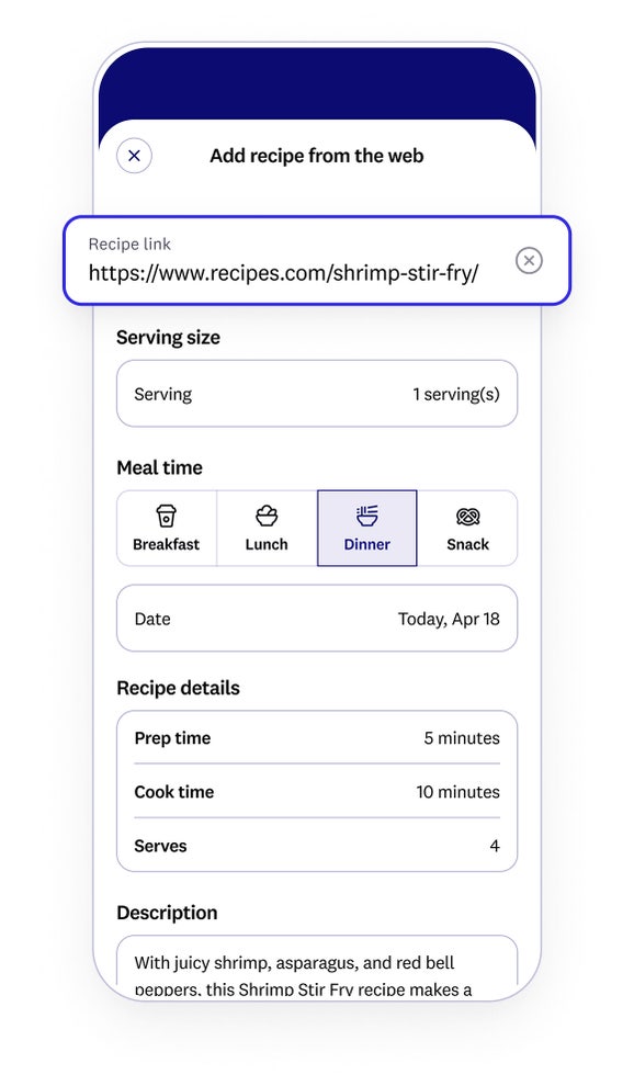 app screen that shows imported recipe from the web
