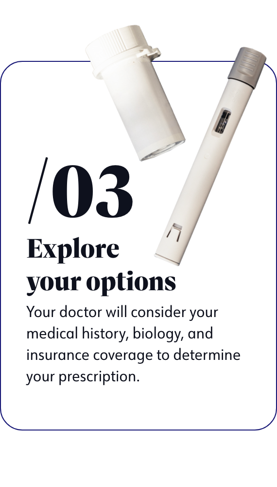 Explore your options - Your doctor will consider your medical history, biology, and insurance coverage to determine your prescription.