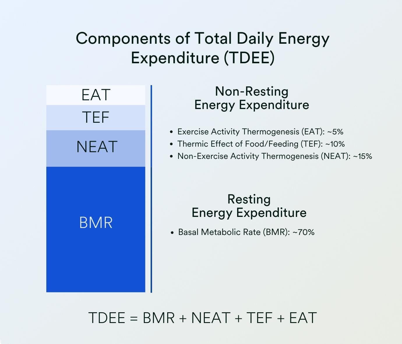  Components of Total Daily Energy Expenditure (TDEE) Non-Resting Energy Expenditure 1- Exercise Activity Thermogenesis (EAT): ~5% 2- Thermic Effect of Food/Feeding (TEF): ~10% 3- Non-Exercise Activity Thermogenesis (NEAT): ~15%  Resting Energy Expenditure Basal Metabolic Rate (BMR): ~70% TDEE = BMR + NEAT + TEF + EAT