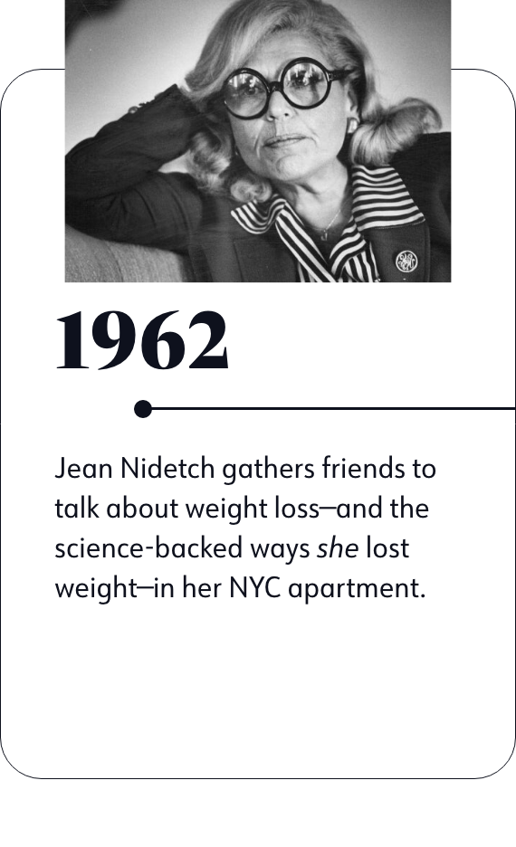 1962: Jean Nidetch gathers friends to talk about weight loss-and the science-backed ways she lost weight- in her NYC apartment