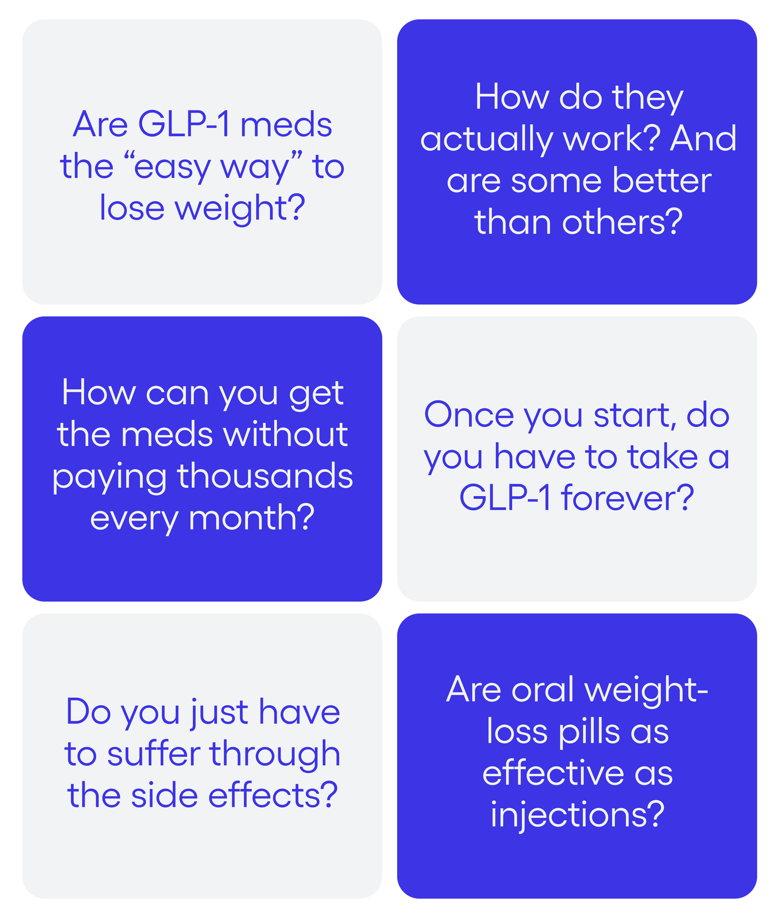 Are GLP-1 meds the “easy way” to lose weight? How do they actually work? And are some better than others? Do you just have to suffer through the side effects? Once you start, do you have to take a GLP-1 forever? How can you get the meds without paying thousands every month? Are oral weight-loss pills as effective as injections?
