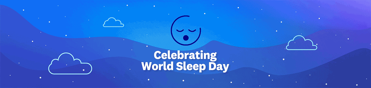 Celebrating World Sleep Day. Blue/white animated illustration of WW logo turning into yawning emoji with drifting clouds and blinking stars