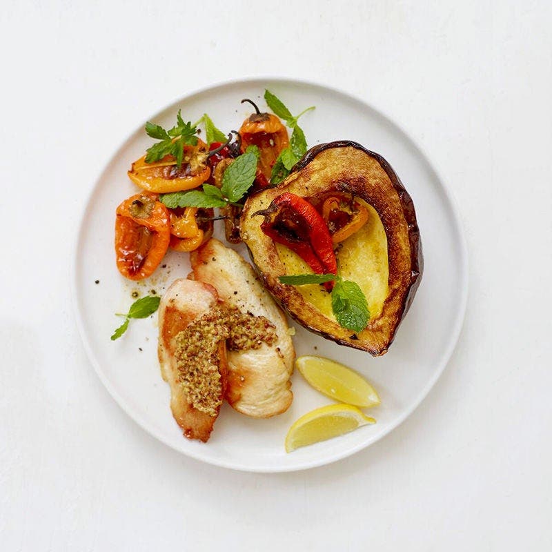 Roasted chicken, squash, and peppers