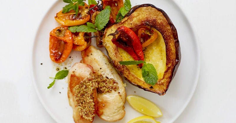 Roasted chicken, squash, and peppers