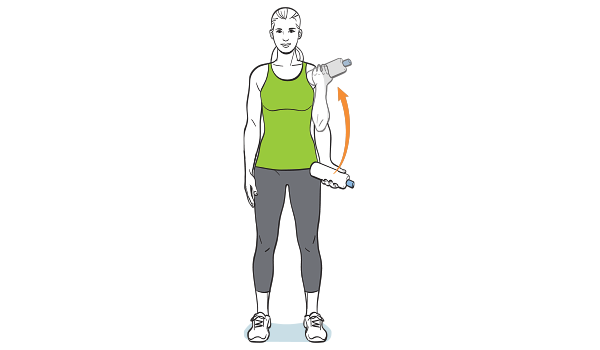 Biceps curls with shampoo bottle