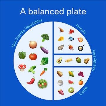 A balanced plate with different types of Protein, Healthy Fats, Carbs and Non Starchy Vegetables