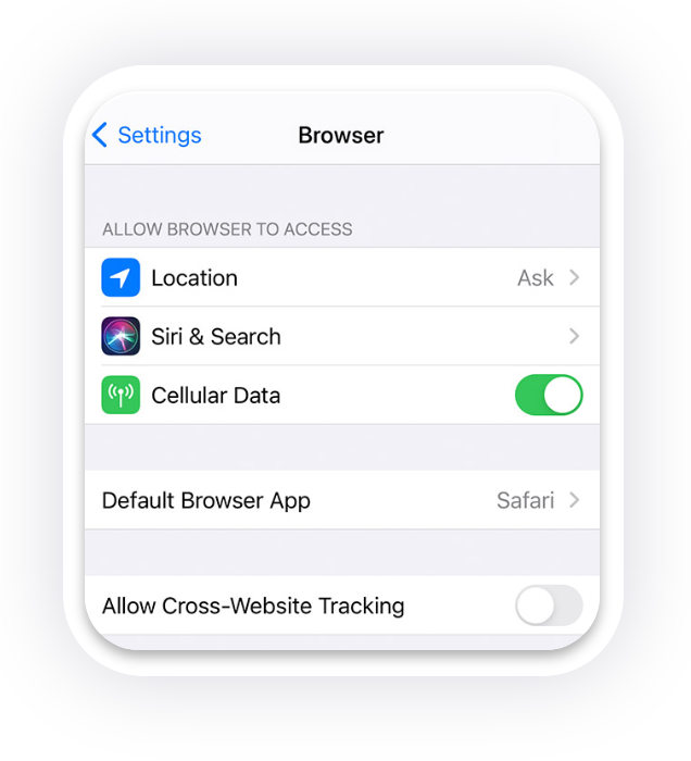 Screenshot of iOS Settings app showing Safari as default browser app