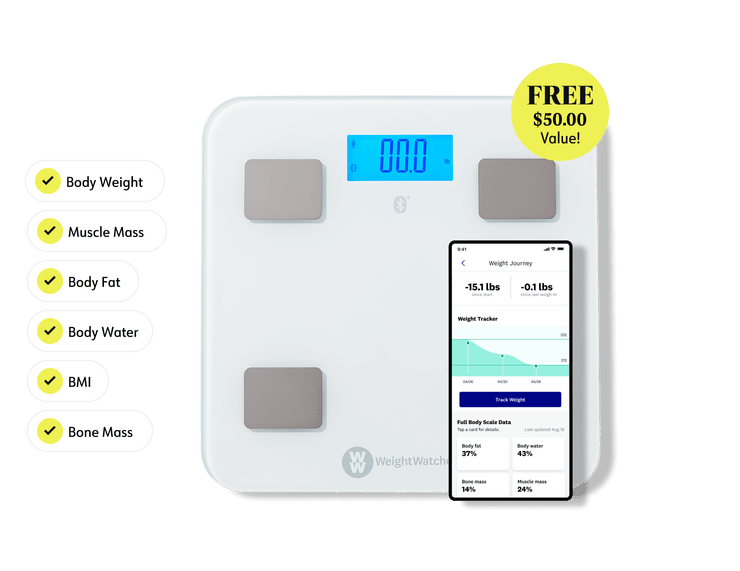 Body weight scale featured with a burst touting that it is free and a $30 value. Listed next to it are its benefits: syncs with WW app, easily tracks progress, more accountability, and builds healthy habits. Also shown is a screenshot of the weight tracking in the app.