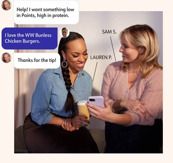 WW members Adam Y. and Nikki M. look at a mobile phone that Nikki is using. Also shown is a chat with a coach in the WW app.