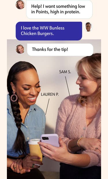 WW members Adam Y. and Nikki M. look at a mobile phone that Nikki is using. Also shown is a chat with a coach in the WW app.