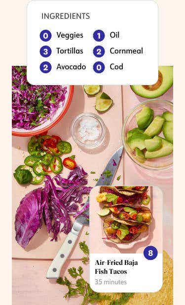 Air-fried baja tacos are 7 Points. The list of ingredients includes avocado at 2 Points and cod fish at 0 Points.