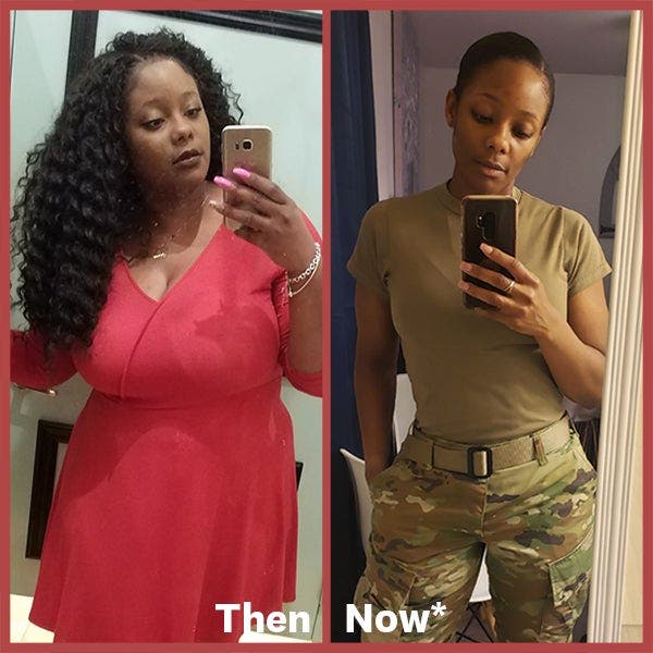 Side by side collage of Alisia M. before her 66 pound weight loss, and after.