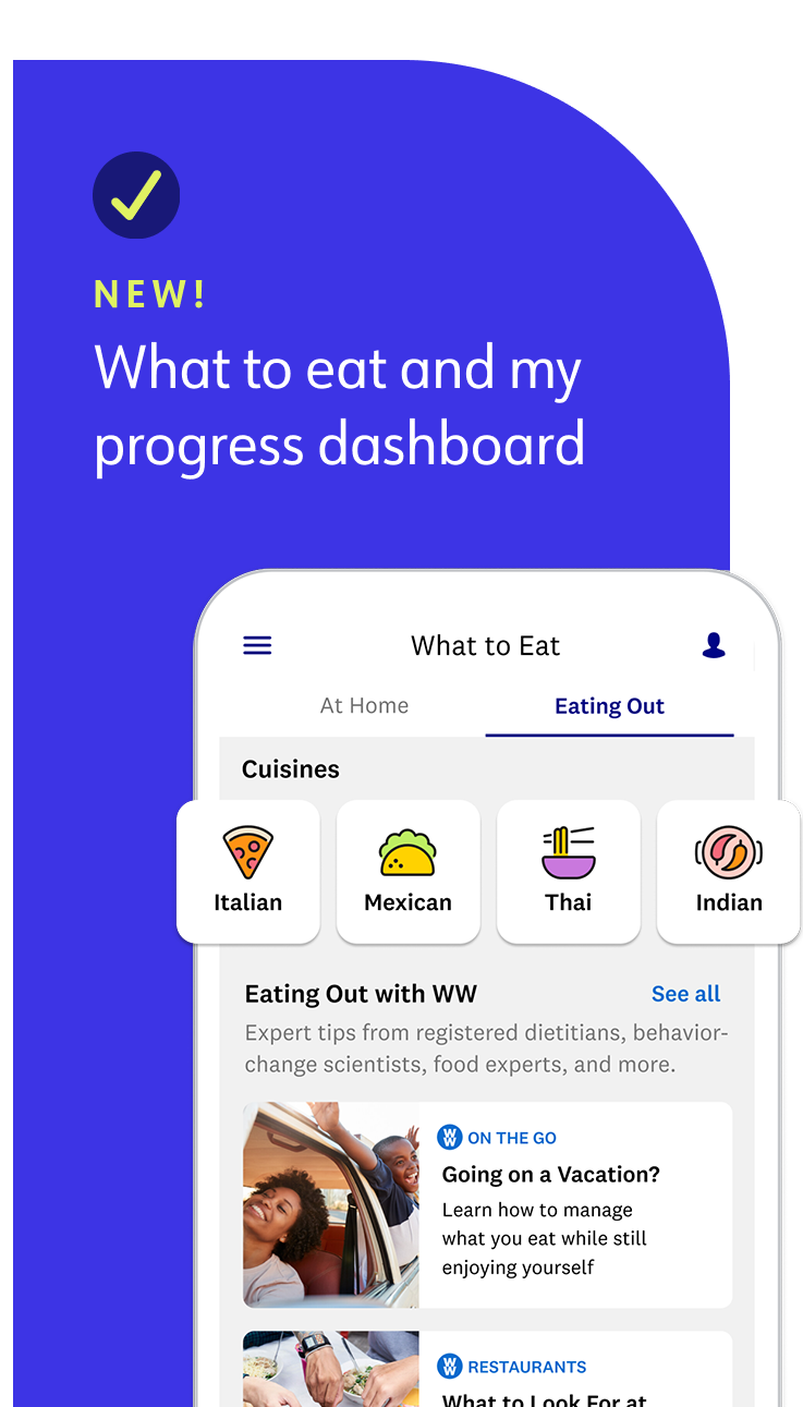 New features are available in the WW app : What to Eat at Home or eating out and my progress dashboard.