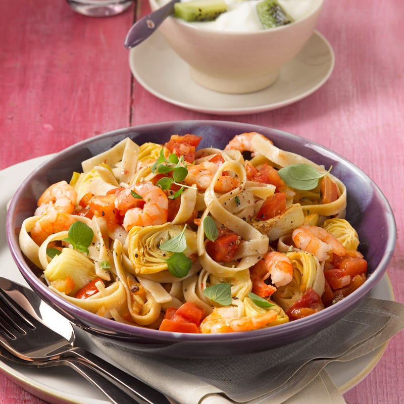 Pasta met scampi’s en artisjok
