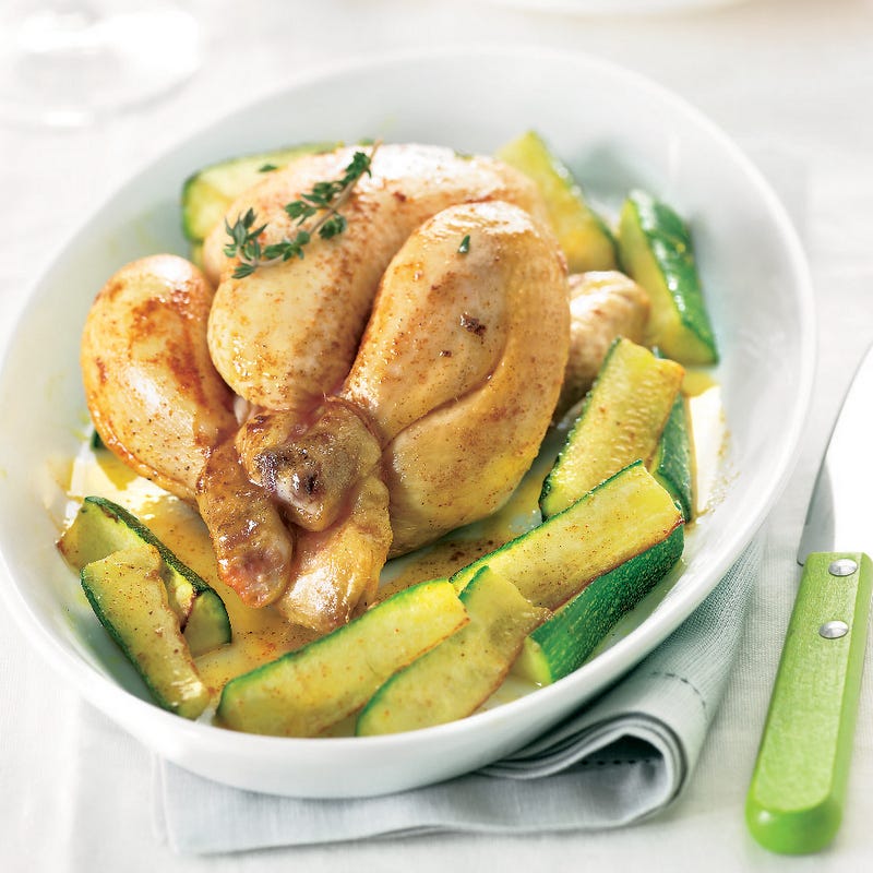 Photo de/du Coquelets grillés au thym, frites de courgettes au curry par WW