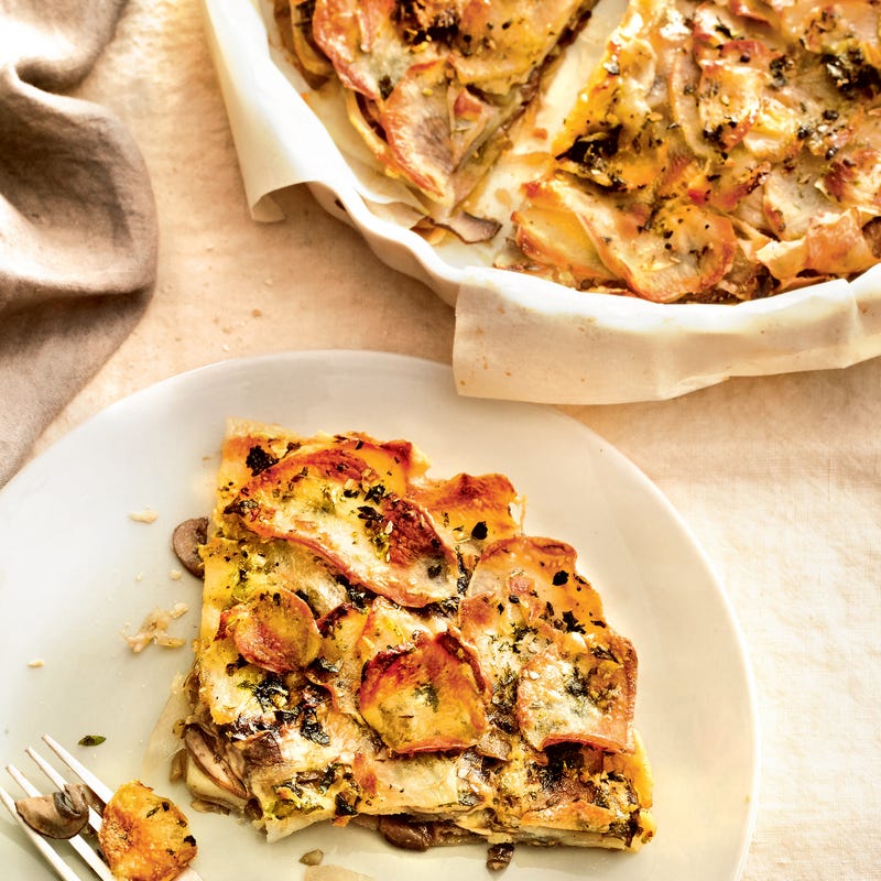Tarte aux pommes de terre et champignons rôtis