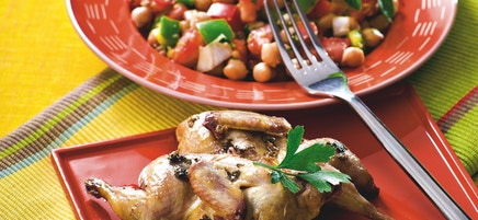 Pois chiches chermoula, caille rôtie