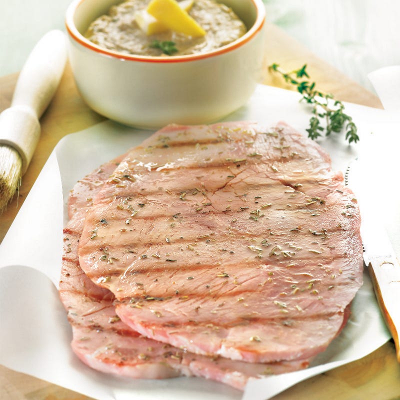 Photo de/du Jambon grillé aux herbes, purée aubergines pois-chiches par WW