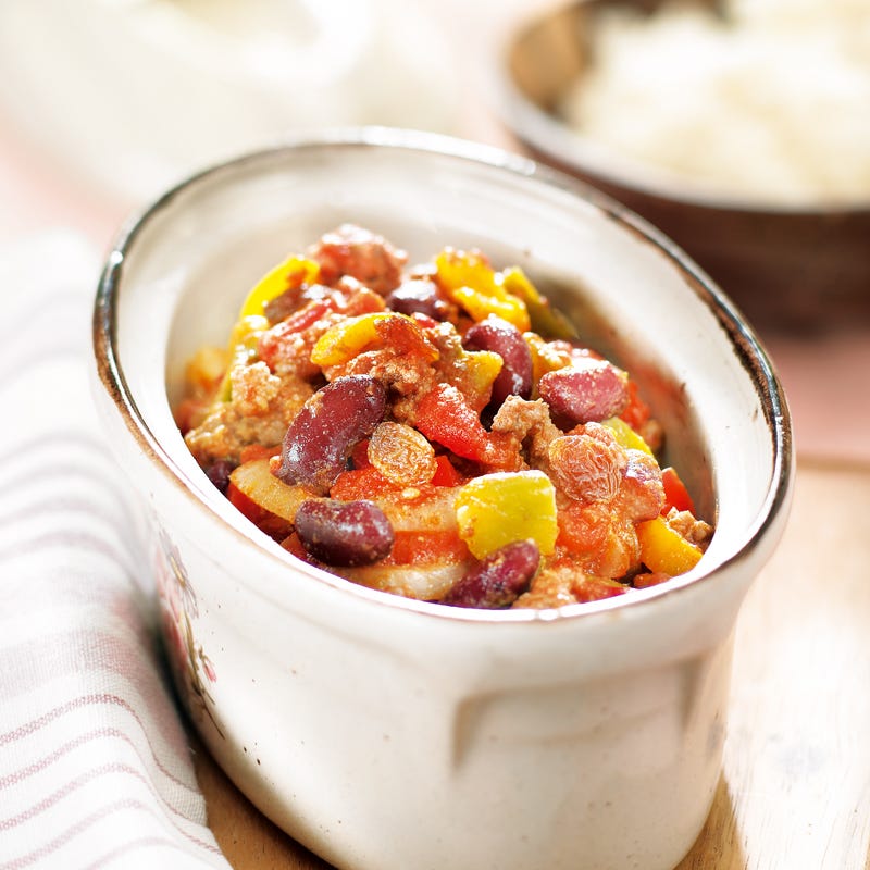 Photo de/du Bœuf, haricots rouges, chili, raisins, poivrons et riz par WW