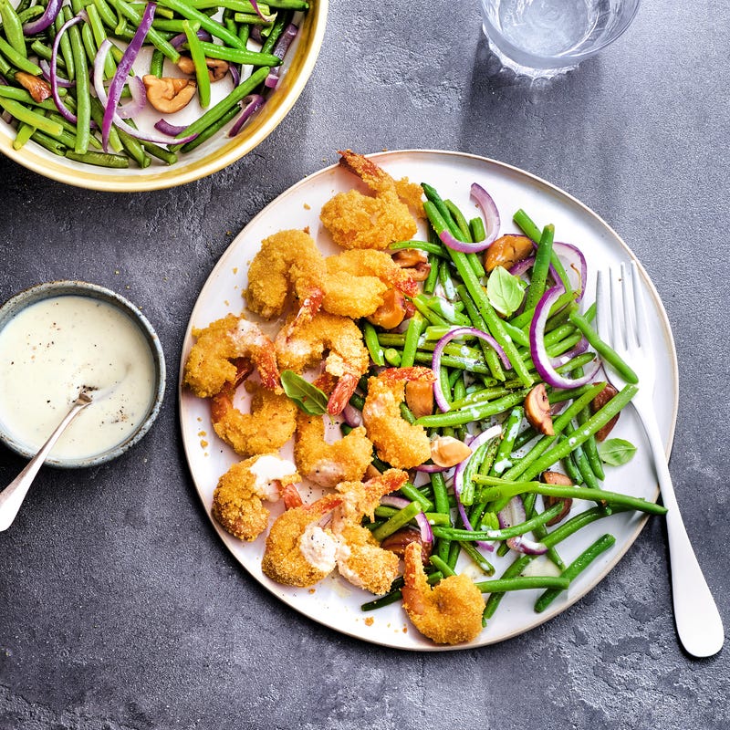 Crevettes croquantes et poêlée de haricots-châtaignes