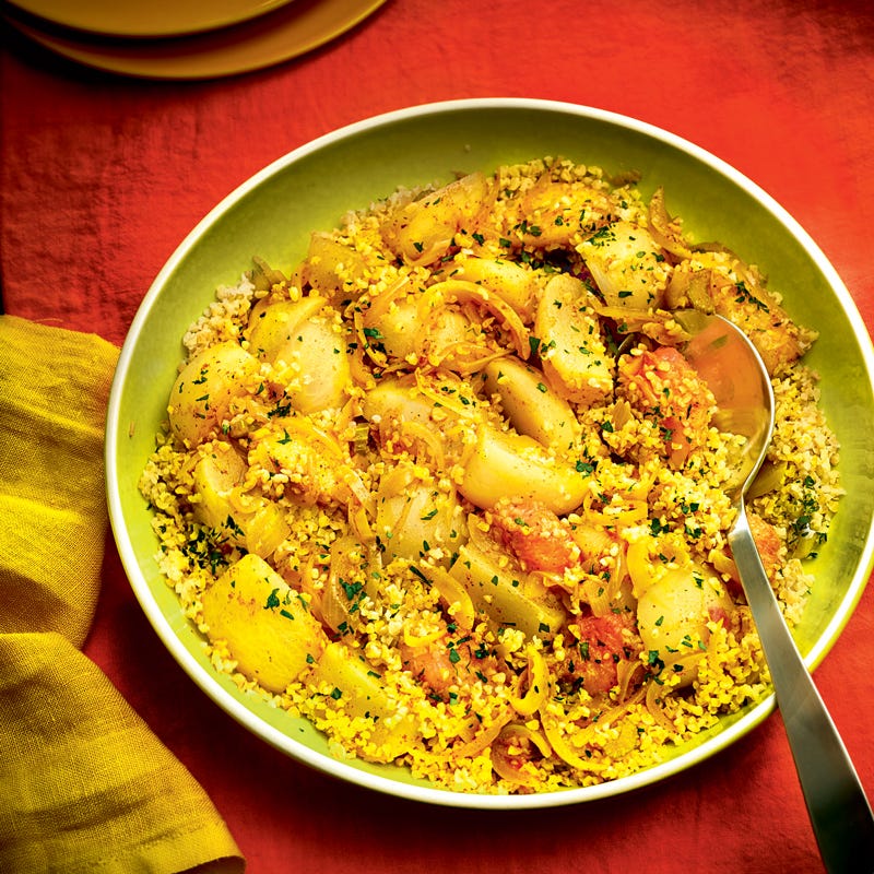 Tajine de navets au boulghour et aux pêches