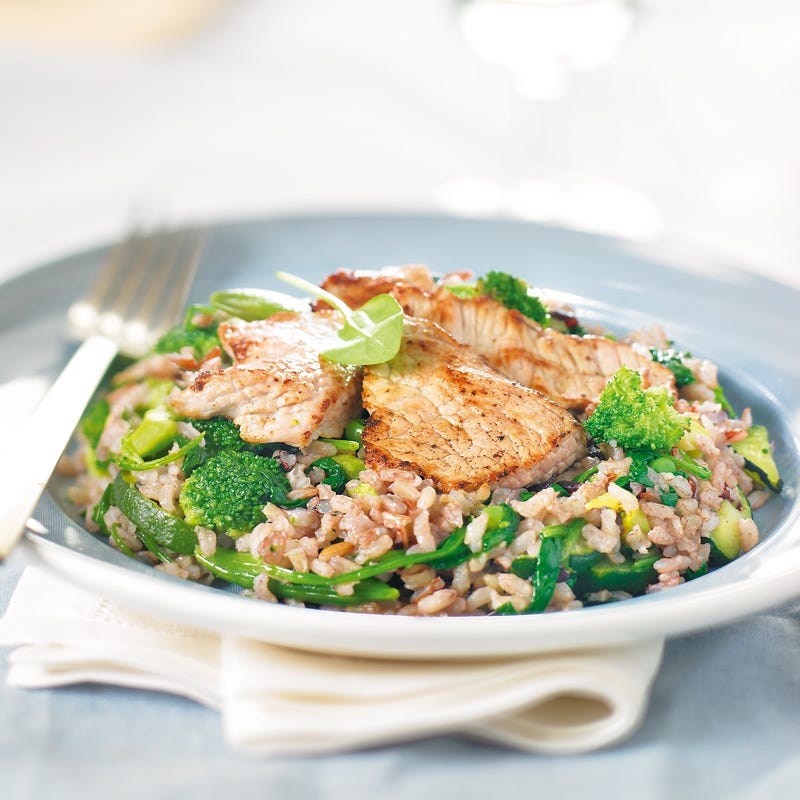 Photo de/du Piccata de veau aux 3 riz et 3 légumes verts par WW