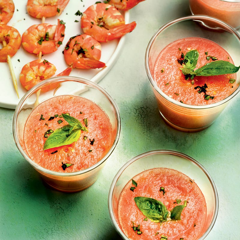 Gaspacho de tomates et crevettes grillées au curry