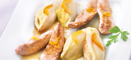 Aiguillettes de canard, endives braisées à l'orange
