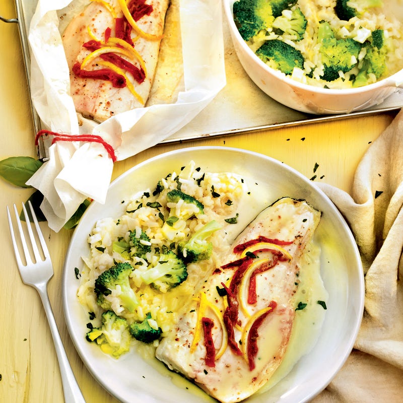 Filet de bar au naturel et risotto vert