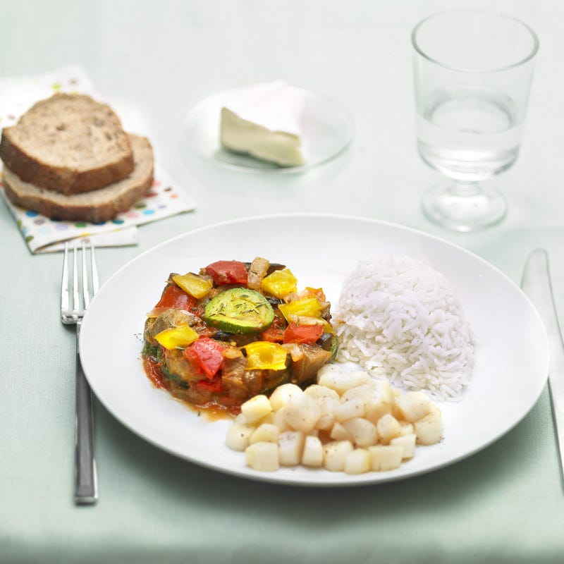 Ratatouille, noix de pétoncles et riz