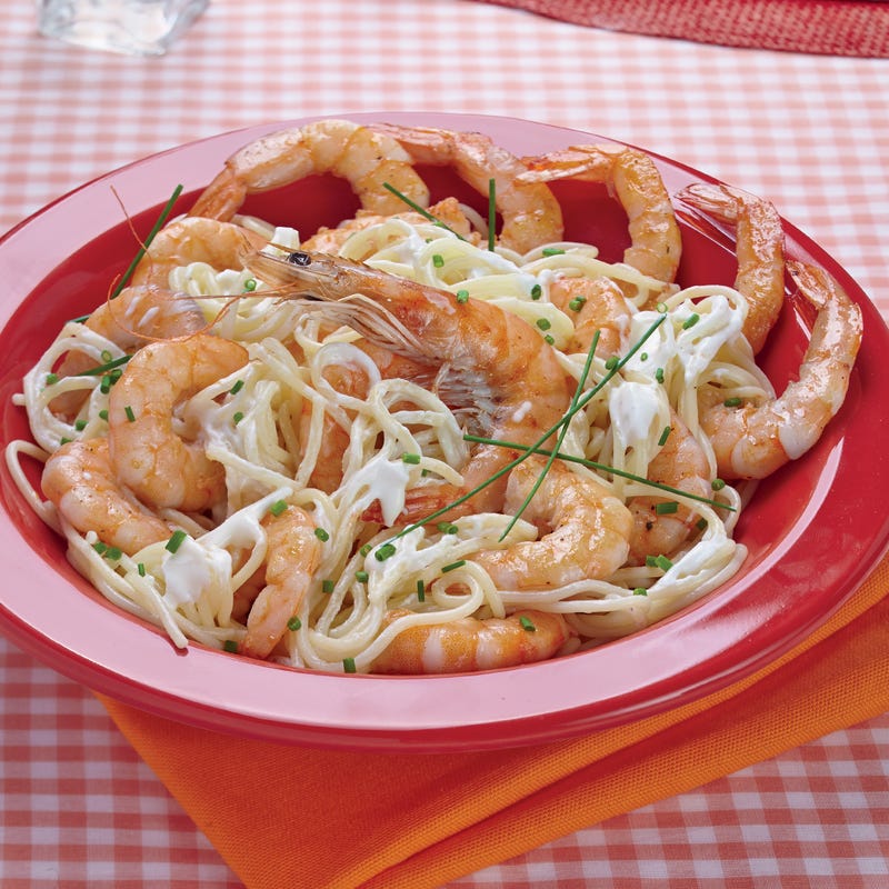 Pâtes aux gambas et au chèvre