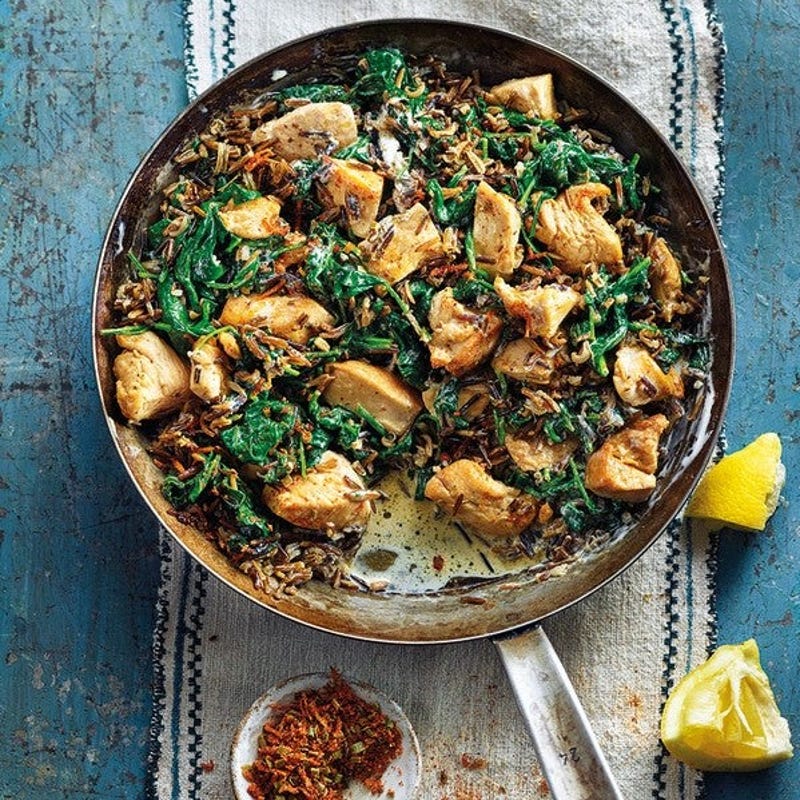Cassolette de poulet, épinards et riz