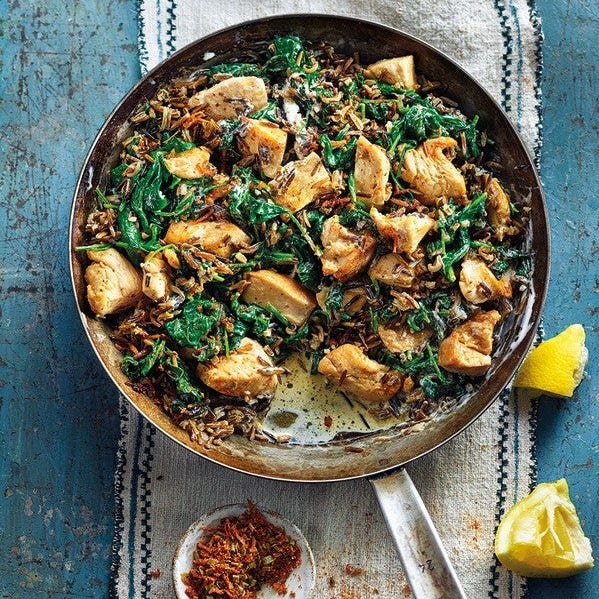 Cassolette de poulet, épinards et riz