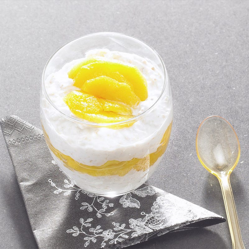 Verrine pêche, fromage blanc 0%, flocons d'avoine