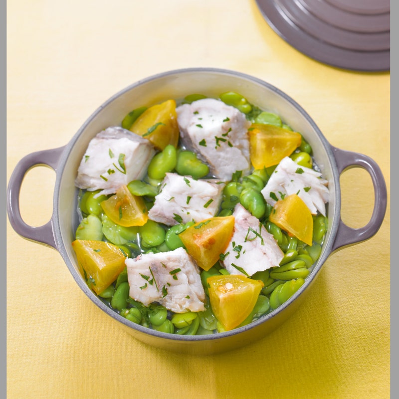 Cocotte de lotte aux fèves et au citron confit