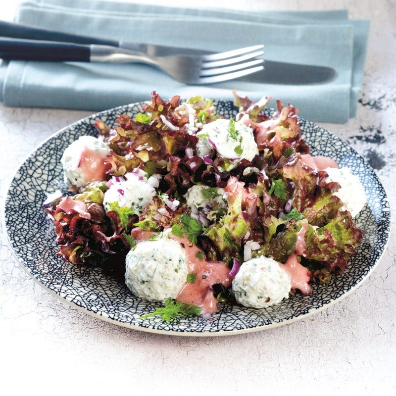Photo de Salade de fromage blanc, boulettes et vinaigrette de rhubarbe prise par WW