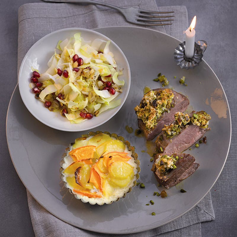 Foto van Eendenborst met pistachekorst en pompoengratin door WW