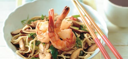 Noedels met scampi en gember