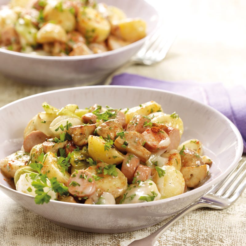 Würstchen-Knödel-Pfanne mit Champignons