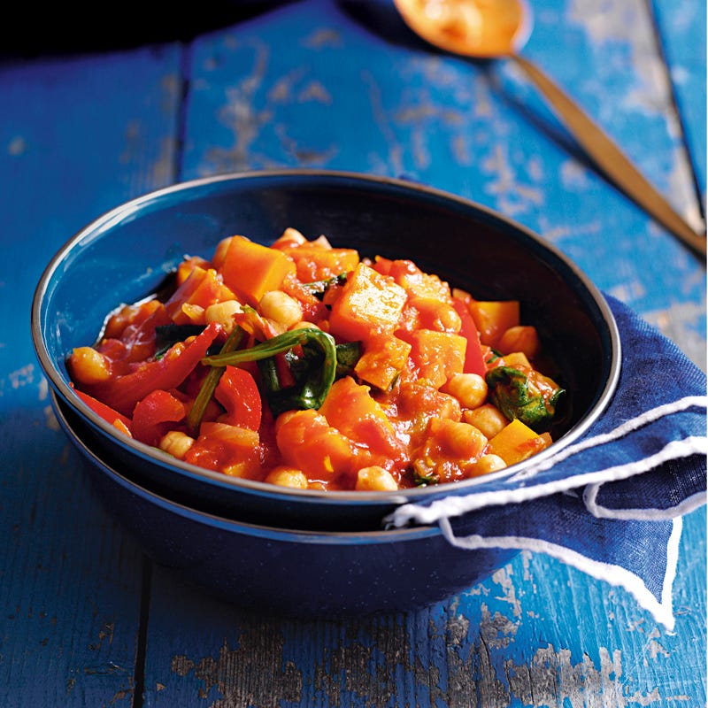 Kürbiseintopf mit Kichererbsen und Spinat