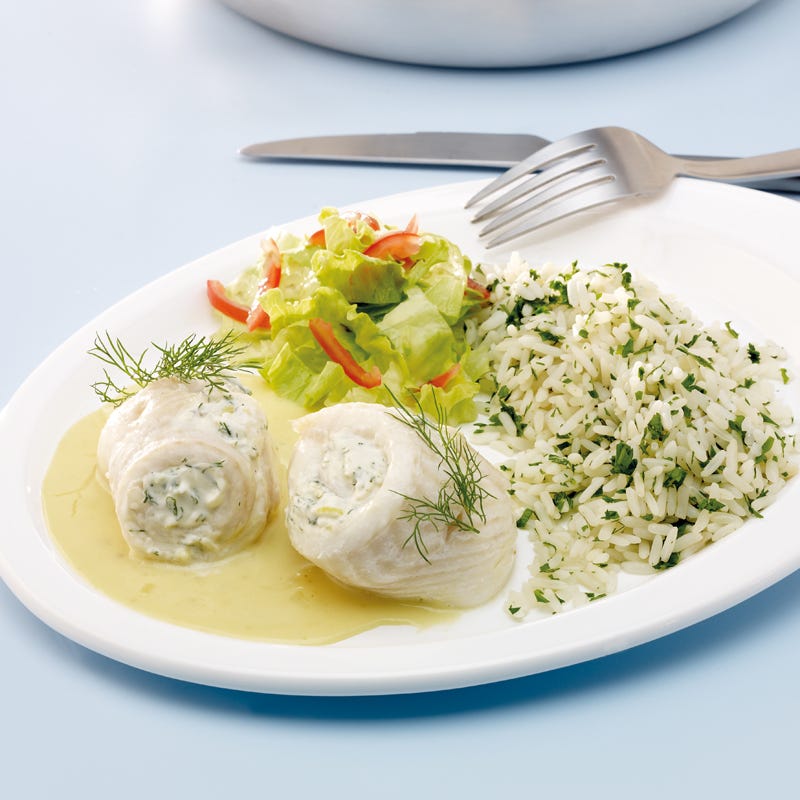 Schollenröllchen mit Kräuterreis