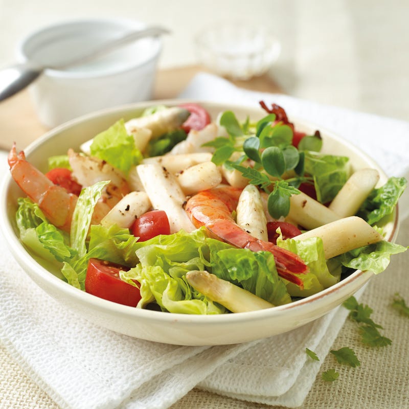 Lauwarmer Spargelsalat mit Garnelen