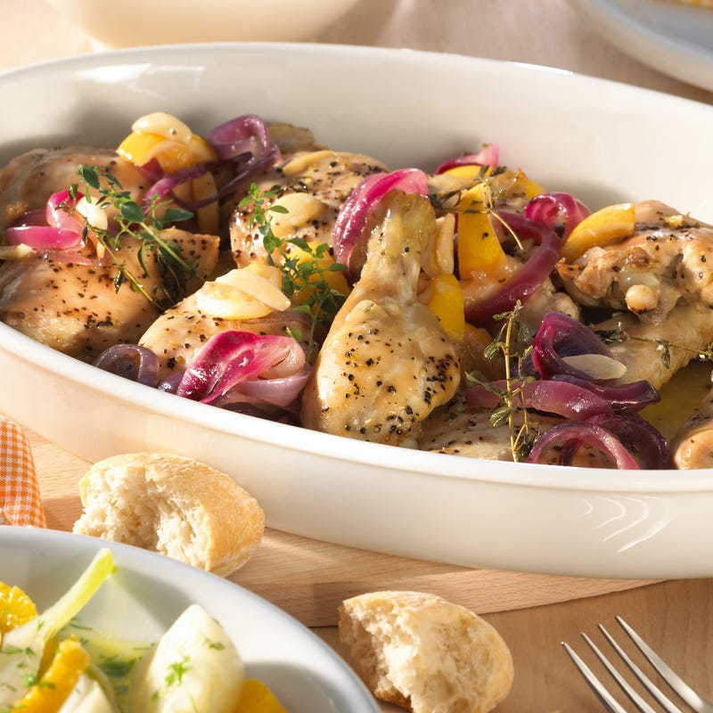 Zitronenhuhn mit Knoblauch und Fenchel-Orangen-Salat