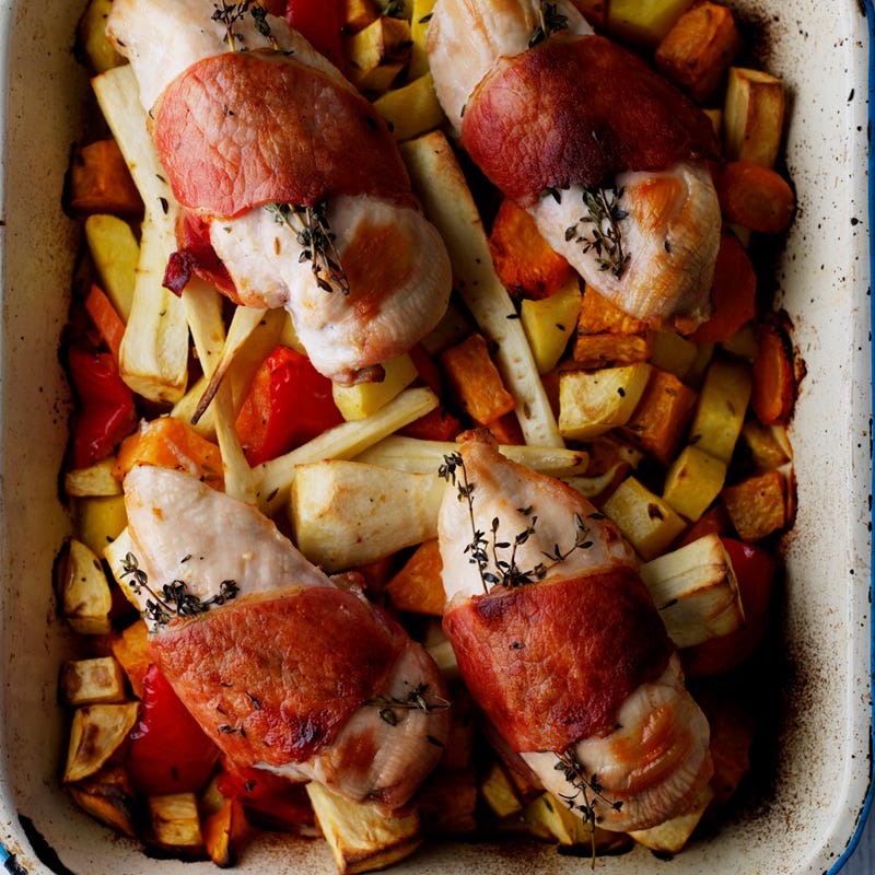 Foto Hähnchenfilets im Speckmantel mit Wurzelgemüse von WW