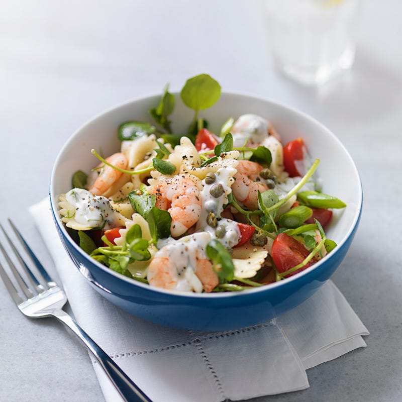 Farfalle mit Garnelen, Brunnenkresse und Kapern