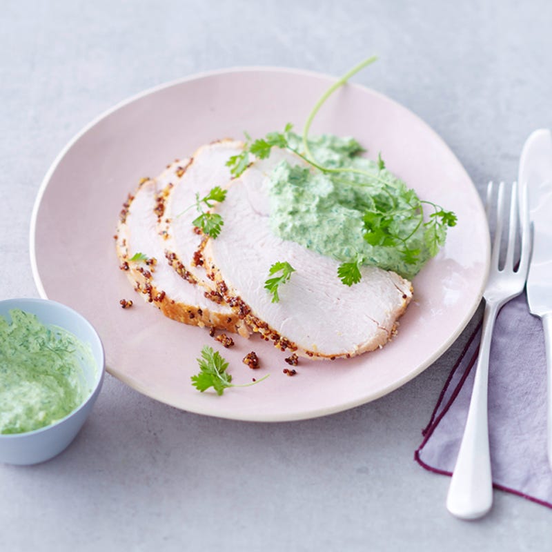 Honig-Senf-Putenbraten mit grüner Sauce