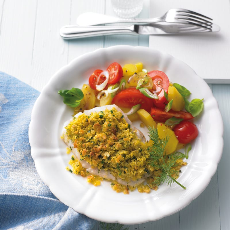 Foto Pangasiusfilet mit Cornflakeskruste und Tomaten-Karotten-Salat von WW