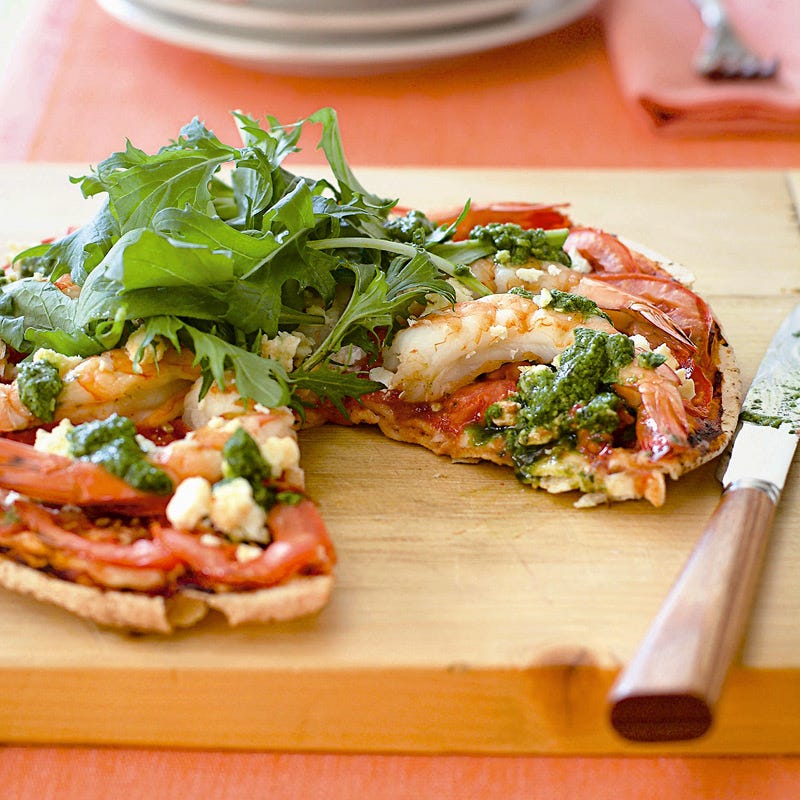 Foto Pizza mit Garnelen, Feta und Rucola von WW