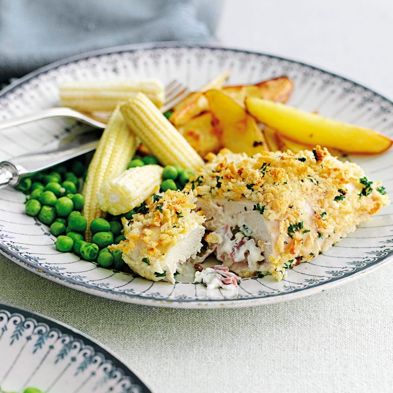 Foto Cordon bleu mit Erbsen, Mais und Kartoffelspalten von WW