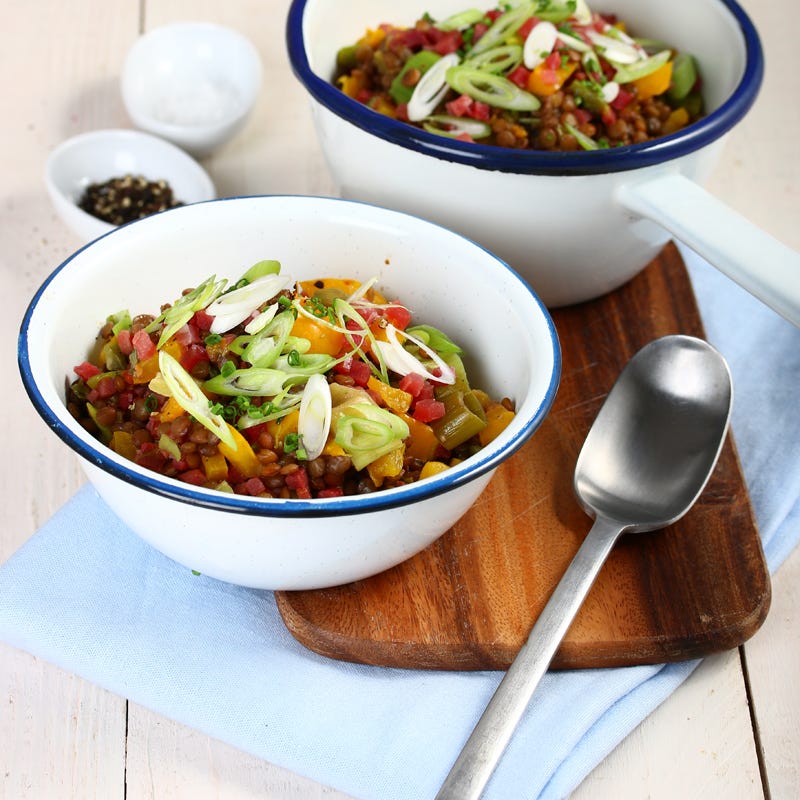 Foto Linsen-Lauch-Pfanne mit Speckwürfeln von WW